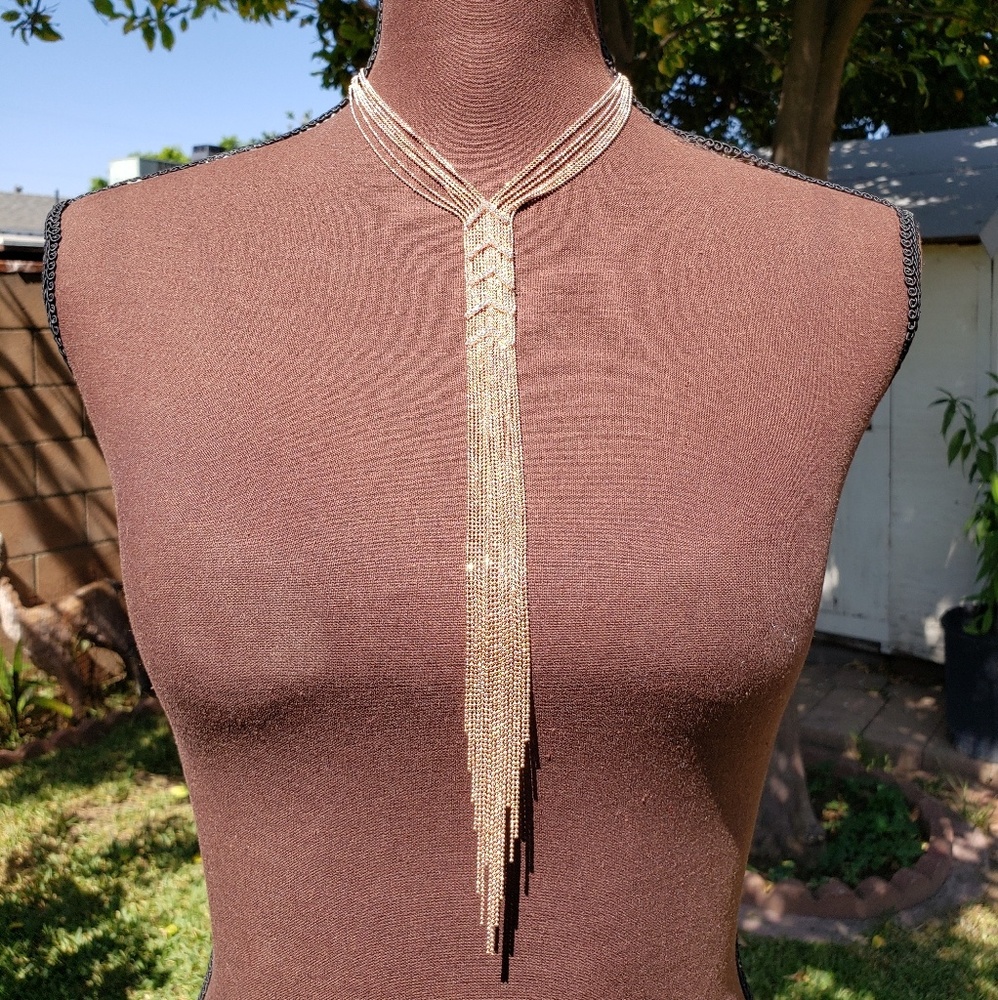 Long Gold Toned Necklace Crystal Rhinestones
